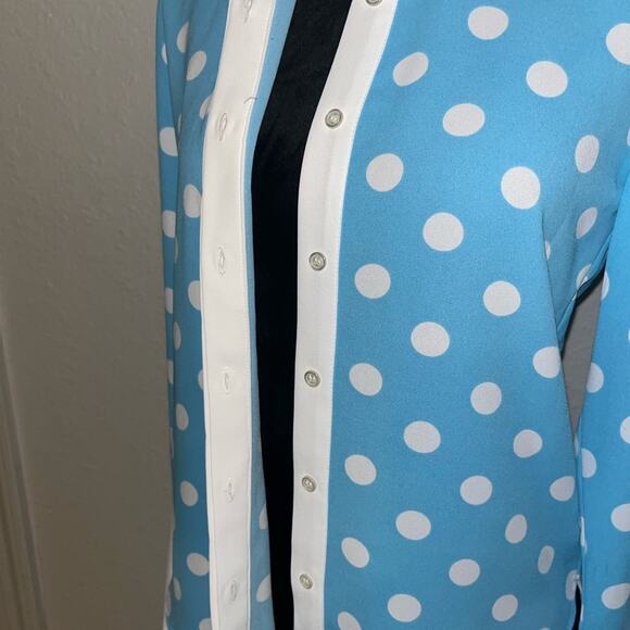 VINTAGE ANNE KLIEN POLKA DOT BLOUSE WITH SLIT CUFF SIREN BLUE/NYC WHITE SIZE XS - Picture 4 of 13